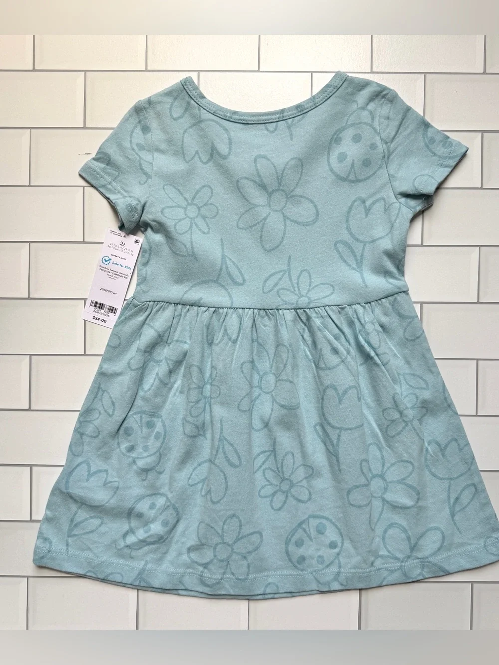 2T🐞 NEW Carter's Ladybug Light Blue Floral Print Casual Short Sleeve Girls Dress